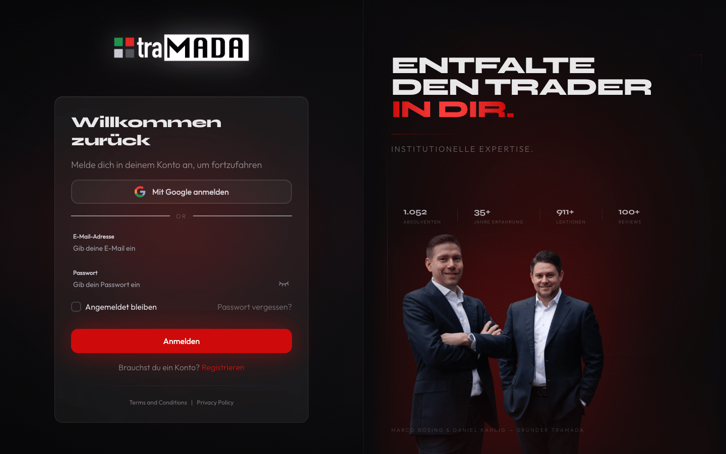 traMADA App im Browser mit Login-Bereich und den Kennzahlen zu Absolventen und Lektionen