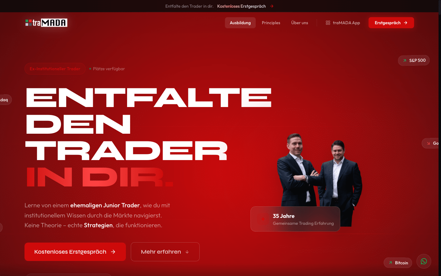 traMADA Startseite mit dem Angebot Trader Mentoring und dem Hinweis auf 911 Lektionen