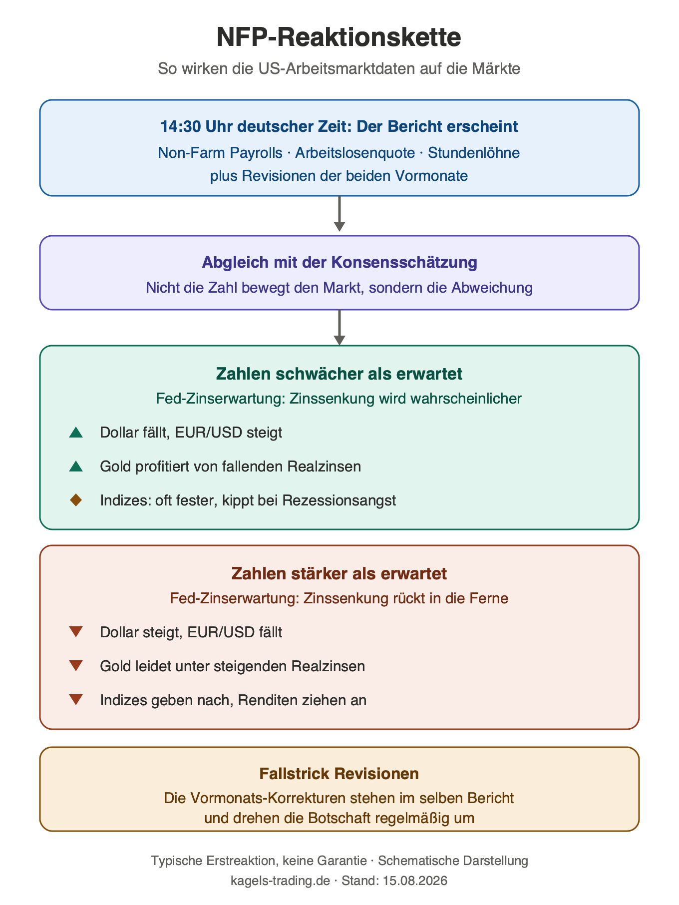US-Arbeitsmarktdaten Reaktionskette: Wirkung der NFP-Zahlen auf Fed-Zinserwartung, Dollar, Gold und Indizes
