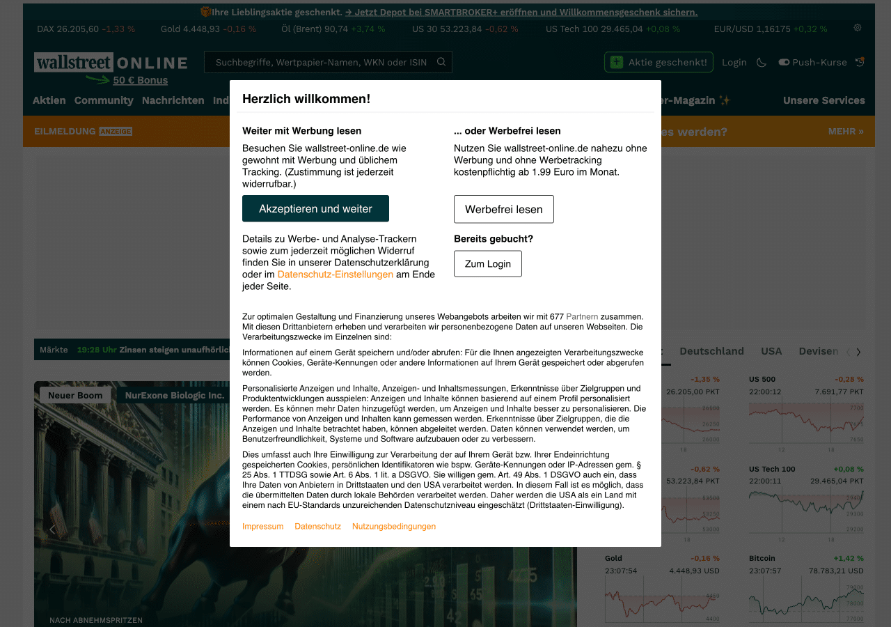 wallstreetONLINE Startseite mit Auswahl zwischen Werbung mit Tracking und werbefreiem Abo ab 1,99 Euro