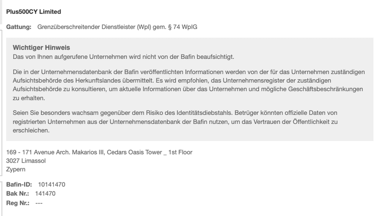 Plus500CY in der BaFin-Unternehmensdatenbank: grenzüberschreitender Dienstleister, nicht von der BaFin beaufsichtigt