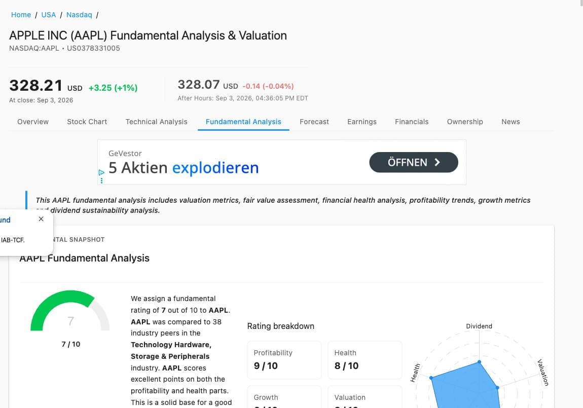 ChartMill Fundamentalanalyse Report zur Apple Aktie mit Rating 7 von 10