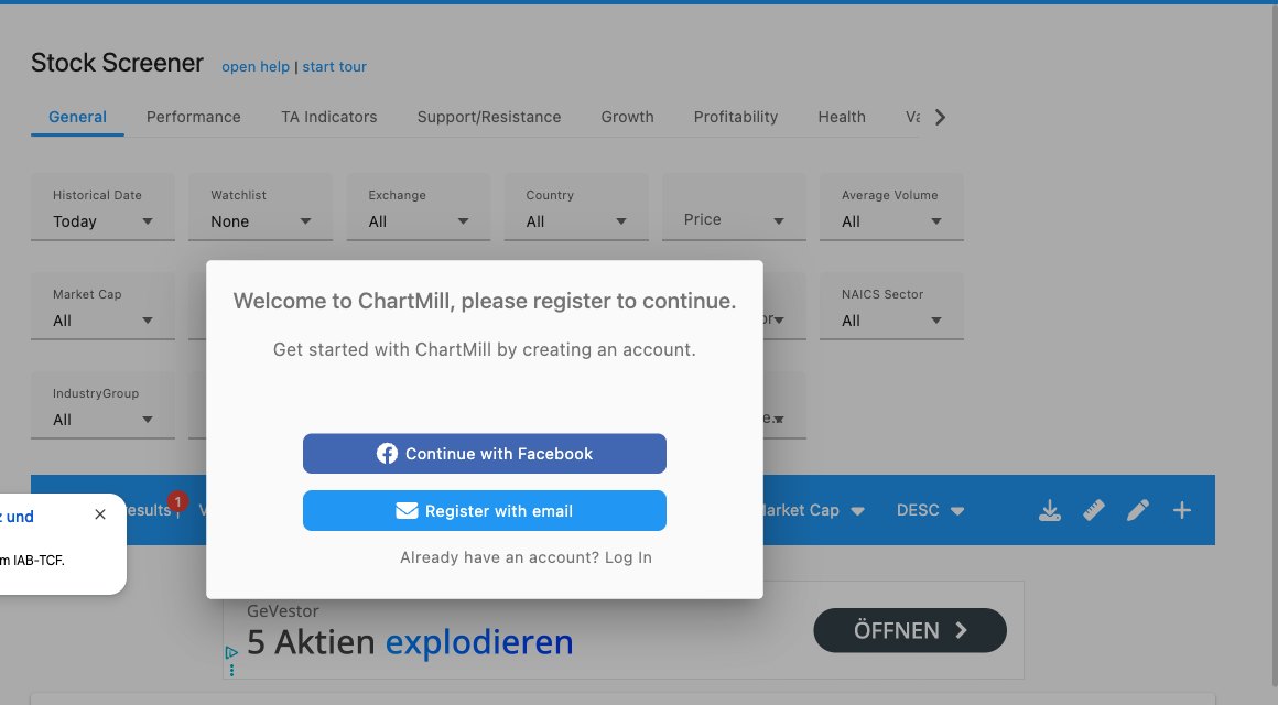 ChartMill Stock Screener 2026 mit Filterreitern und Registrierungshinweis