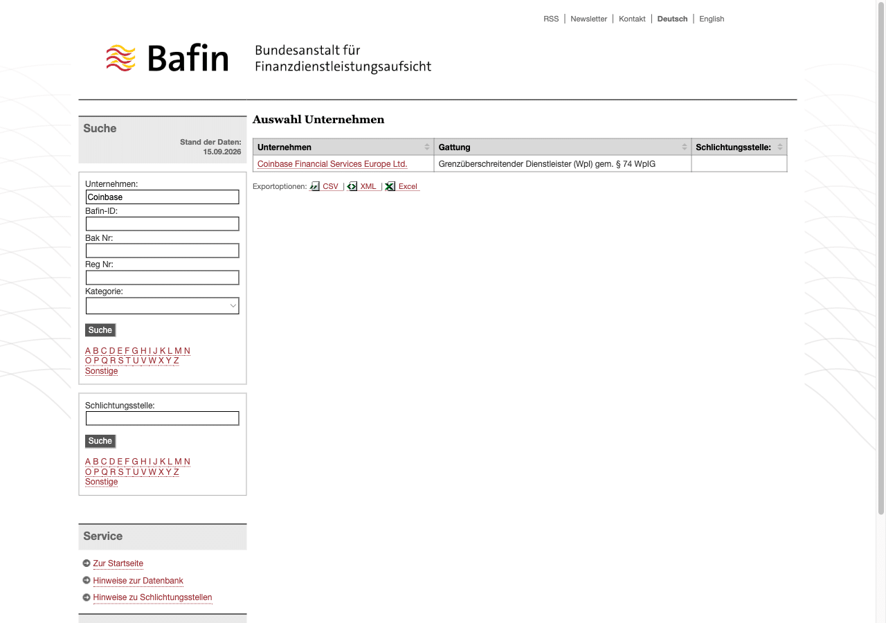 Coinbase in der BaFin-Unternehmensdatenbank: nur Coinbase Financial Services Europe Ltd. als grenzüberschreitender Dienstleister