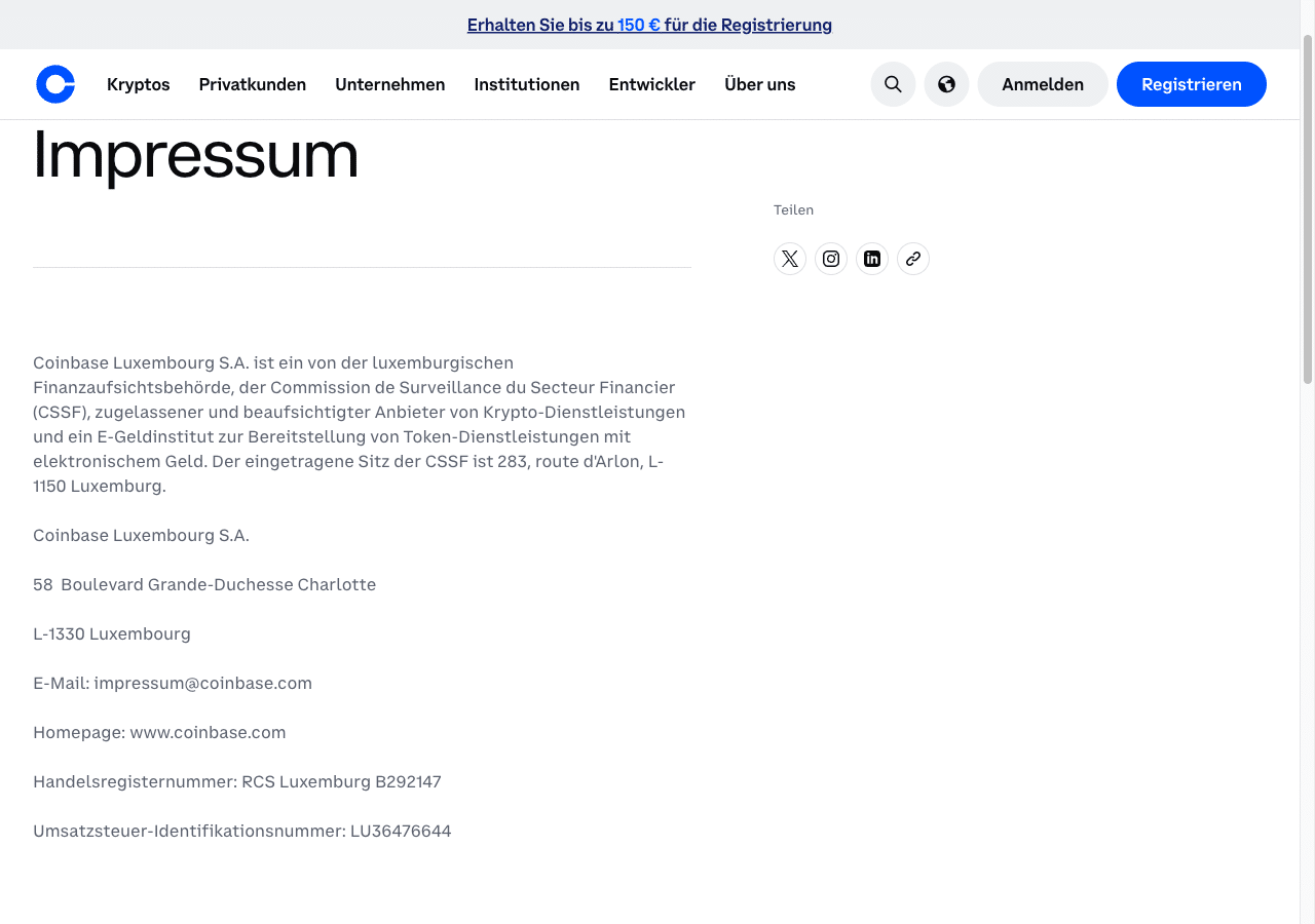 Coinbase Impressum: Coinbase Luxembourg S.A. als Vertragspartner mit CSSF-Zulassung