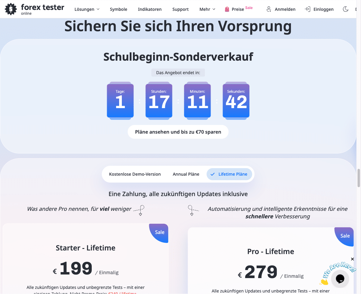 Forex Tester Online Preisseite auf Deutsch mit Starter und Pro Lifetime