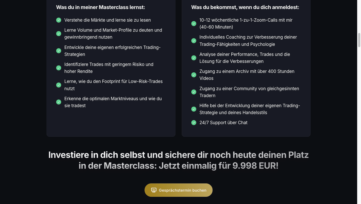 IB-Trader Masterclass: Leistungsumfang und Preis von 9.998 Euro auf der Anbieterseite