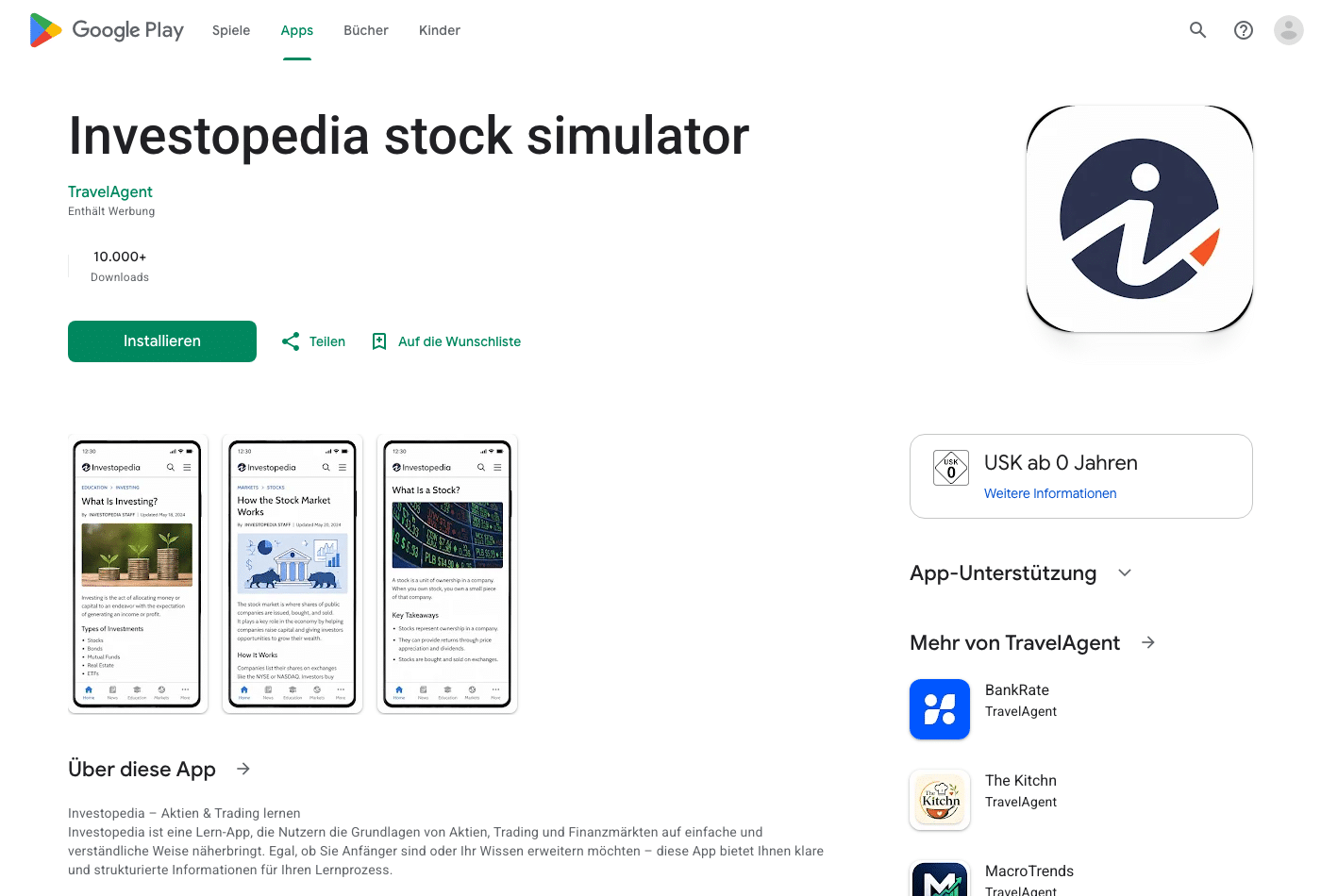 Investopedia App im Play Store stammt vom fremden Entwickler TravelAgent