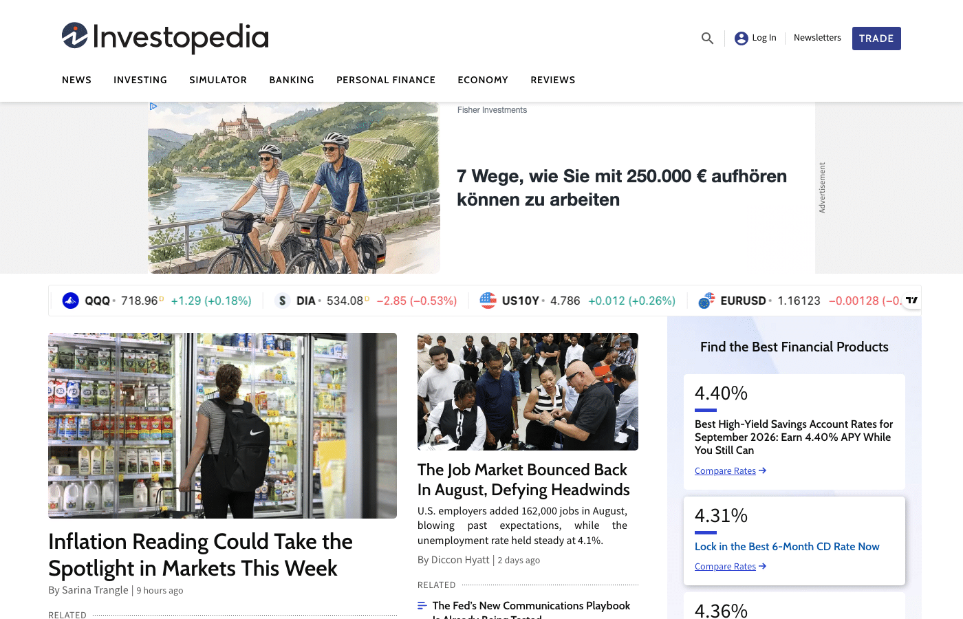 Investopedia Startseite mit den Rubriken News, Investing, Simulator und Reviews
