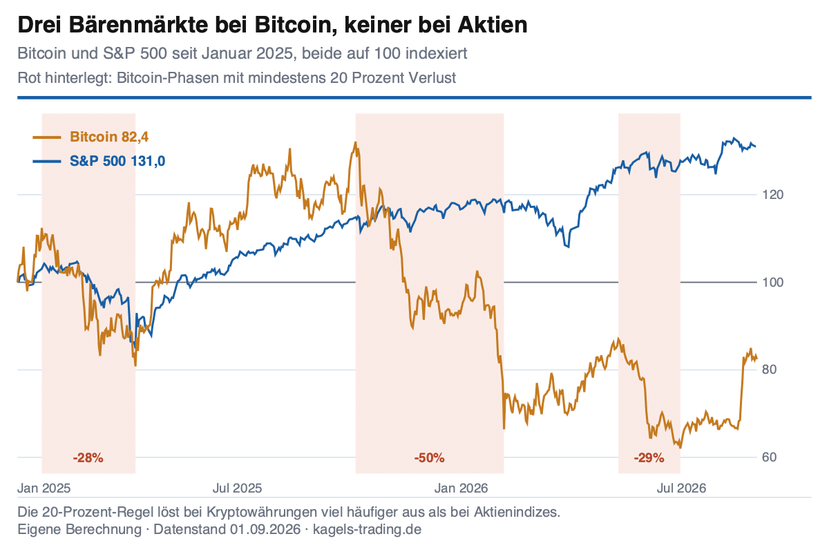 Bärenmarkt bei Kryptowährungen: Bitcoin und S&P 500 seit Januar 2025 im Vergleich