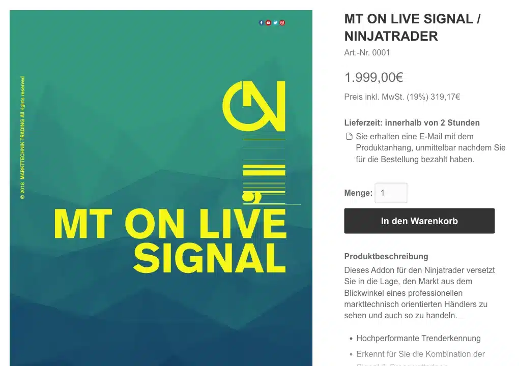 MT ON LIVE SIGNAL für NinjaTrader im Shop von Markttechniktrading.de mit Preis, Stand September 2026