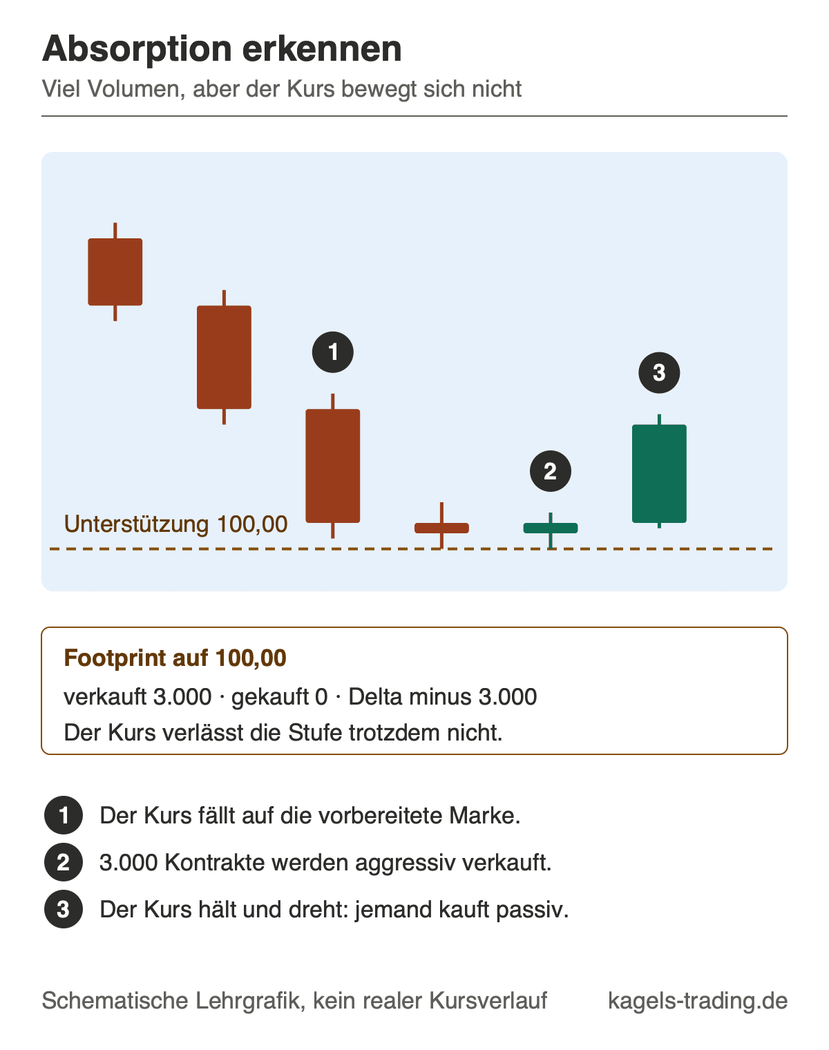 Orderflow Absorption erkennen: hohes Verkaufsvolumen ohne Kursbewegung an der Unterstützung