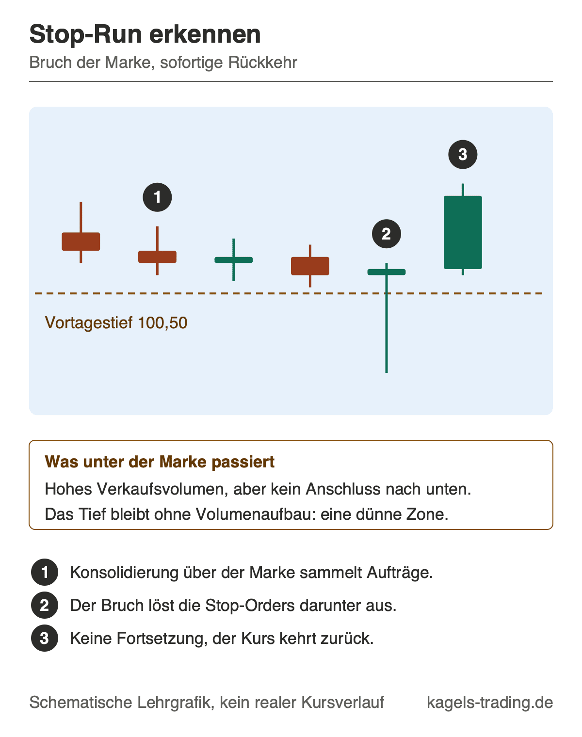 Orderflow Stop-Run erkennen: Bruch des Vortagestiefs mit sofortiger Rückkehr in die Spanne