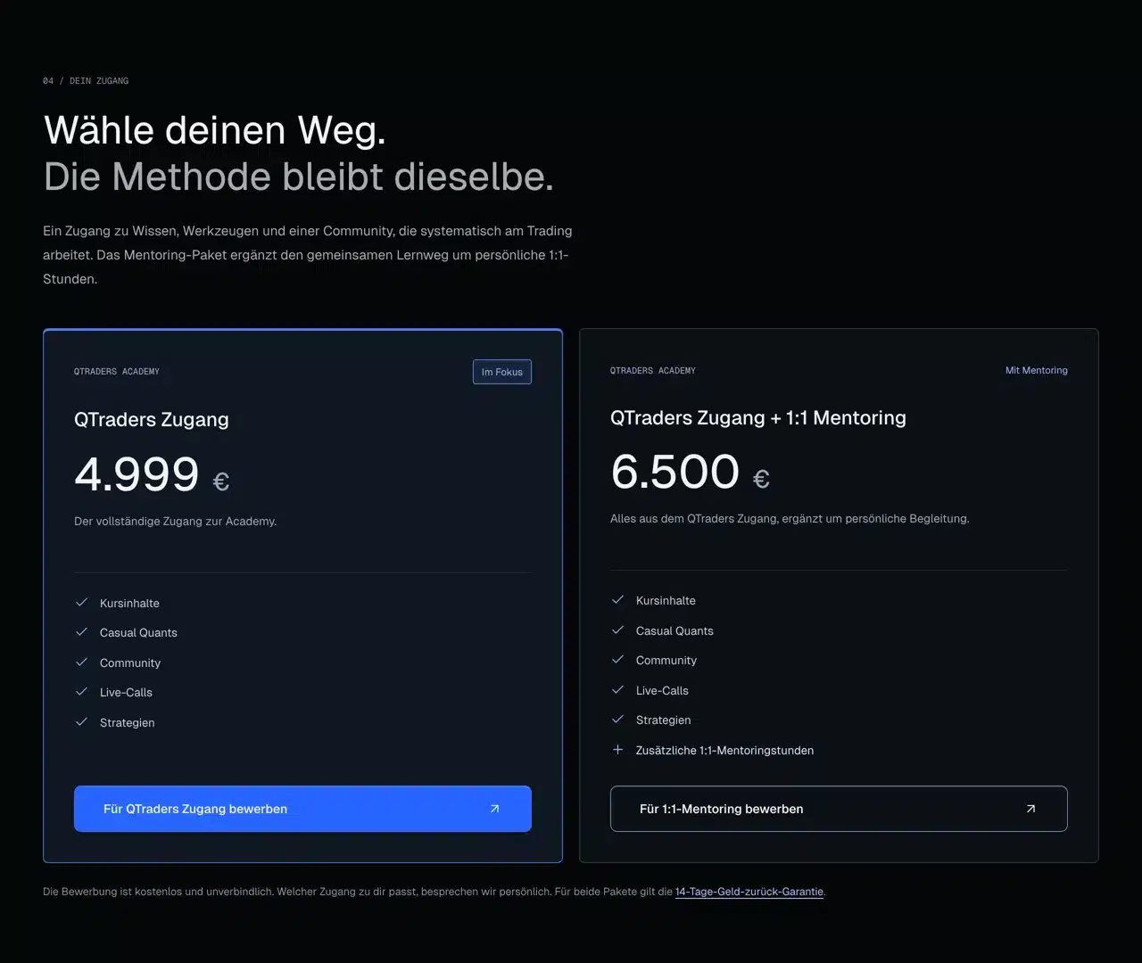 QTraders Erfahrungen: Preise der QTraders Academy mit 4.999 Euro für den Zugang und 6.500 Euro mit 1:1-Mentoring