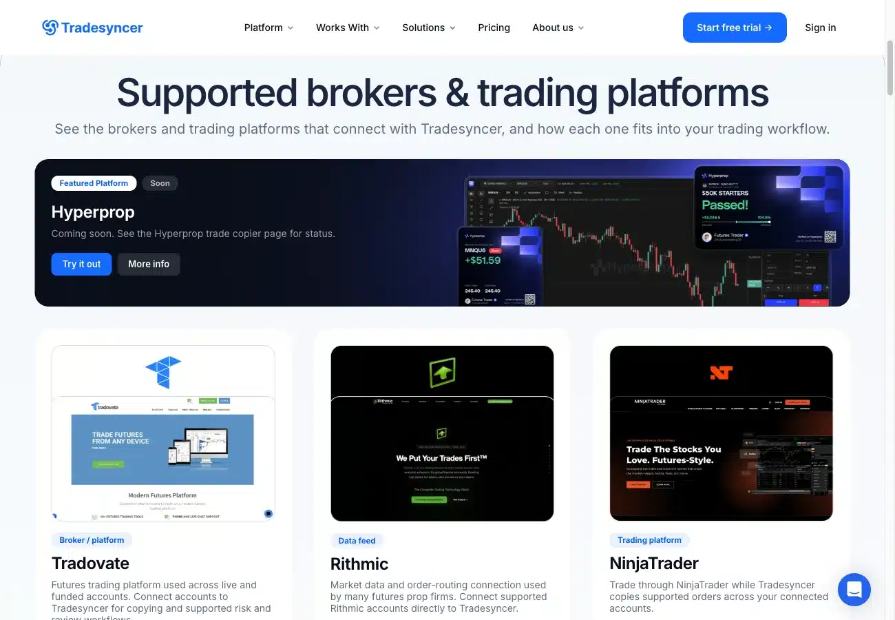Tradesyncer unterstützte Plattformen: Tradovate, Rithmic und NinjaTrader
