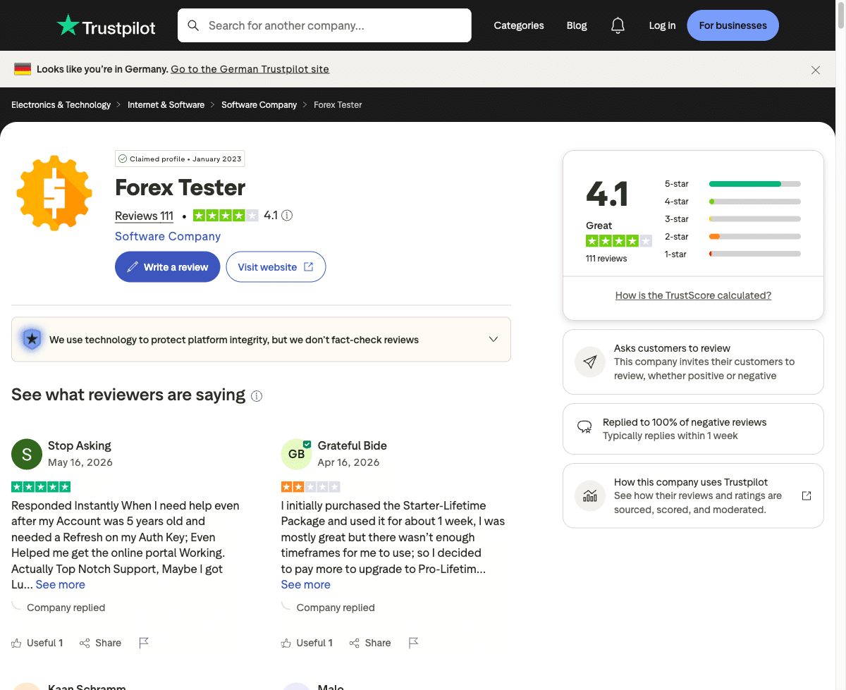 Forex Tester Trustpilot Profil mit 4,1 Sternen aus 111 Bewertungen