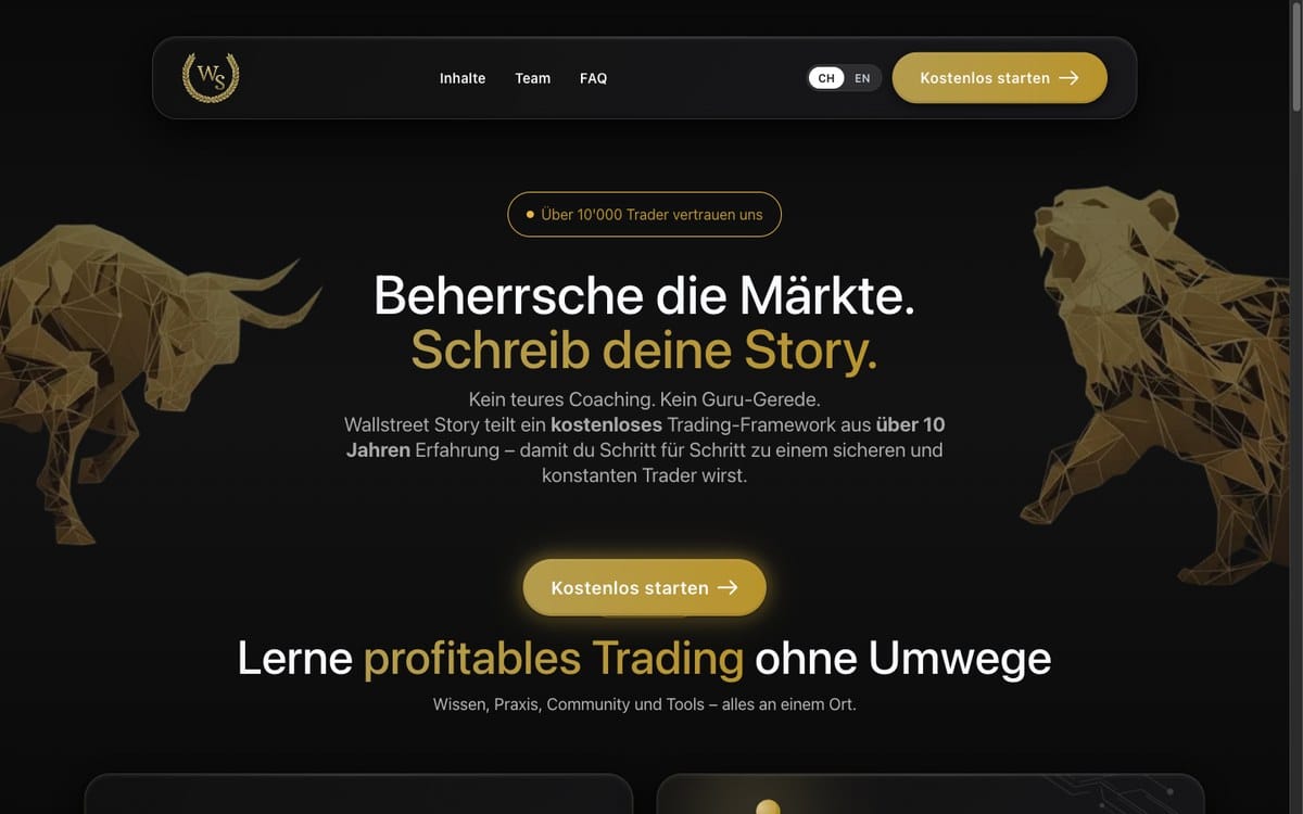 Wallstreet Story Startseite mit dem Hinweis auf ein kostenloses Trading-Framework