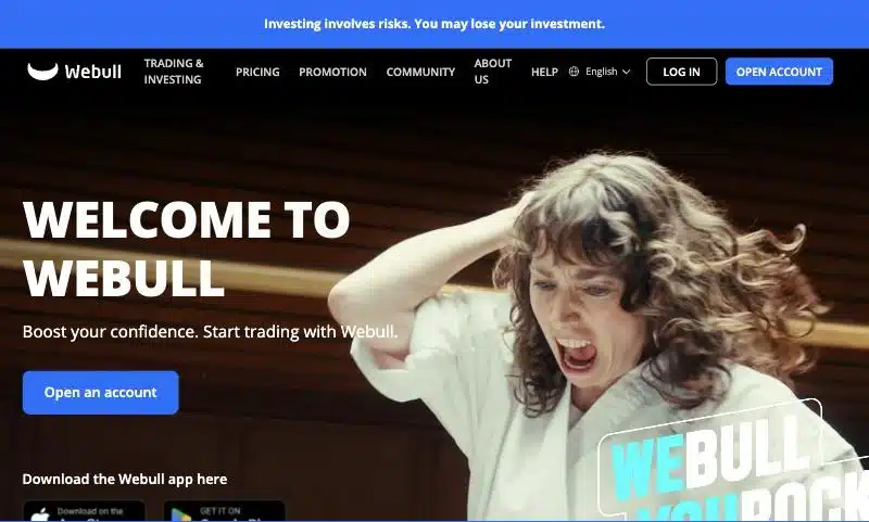 Webull Erfahrungen: Startseite von Webull Europe mit Kontoeröffnung und App-Download