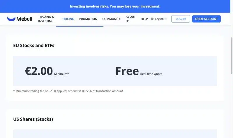 Webull Kosten: Preisliste von Webull Europe mit Mindestprovision für EU-Aktien und ETFs