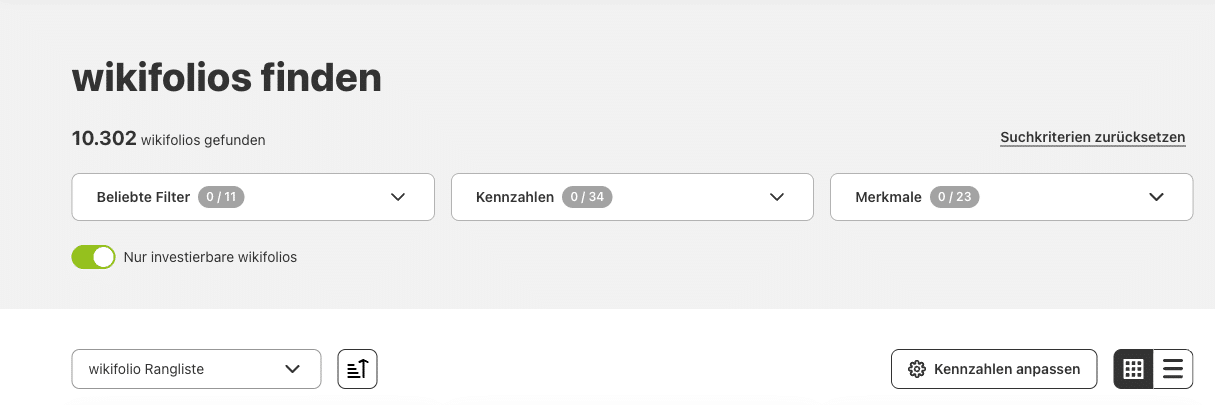 wikifolio Suche mit 34 Kennzahlen-Filtern und Schalter für investierbare wikifolios