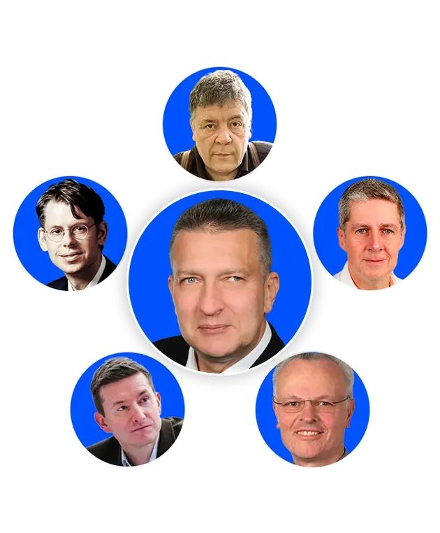 Kagels Trading Team-Collage: Karsten Kagels in der Mitte, umgeben von fünf Signalgebern