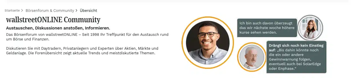 Börsenforum wallstreet:online: Kopf der Community-Startseite mit Hinweis auf den Austausch seit 1998