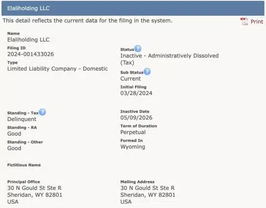 Elaliholding Erfahrungen: Registereintrag der Elaliholding LLC in Wyoming mit Status administrativ aufgelöst seit 9. Mai 2026