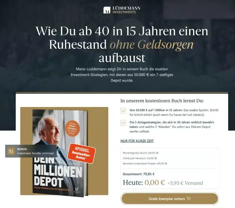 Bestellseite des Gratisbuchs Dein Millionendepot von Mario Lüddemann