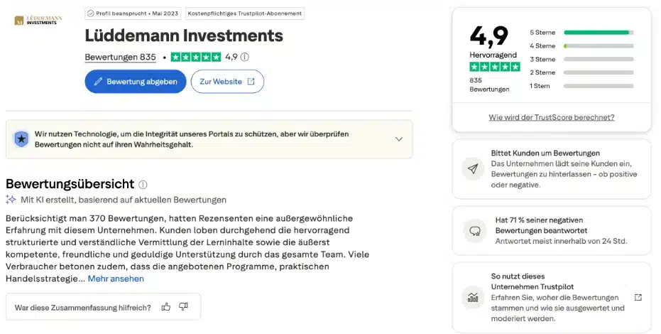 Mario Lüddemann Trustpilot: 4,9 von 5 aus 835 Bewertungen für Lüddemann Investments
