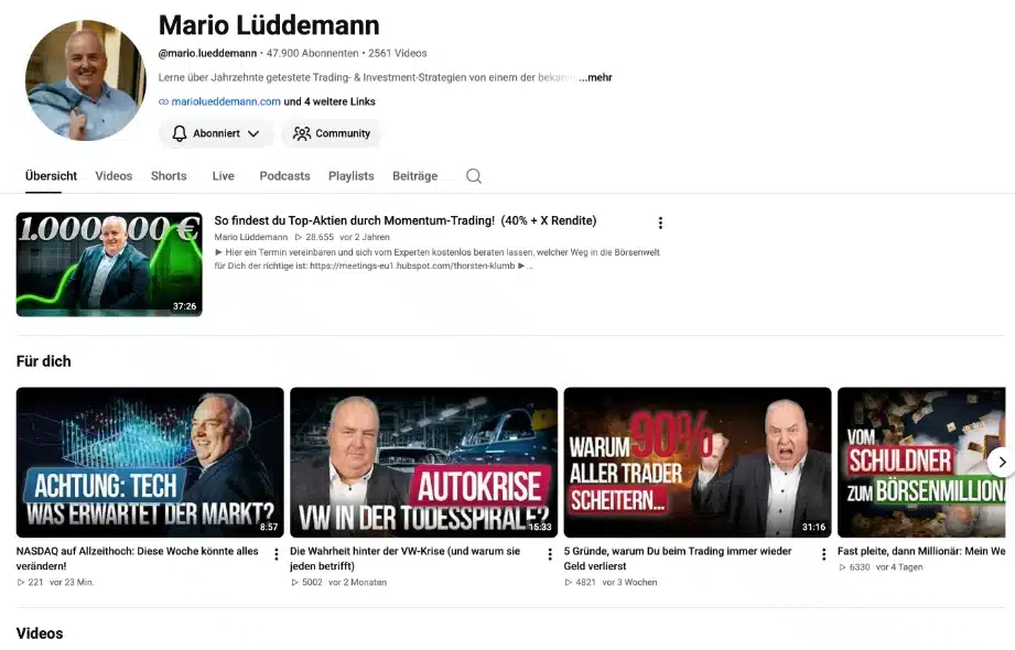 YouTube-Kanal von Mario Lüddemann mit Abonnenten- und Videoanzahl