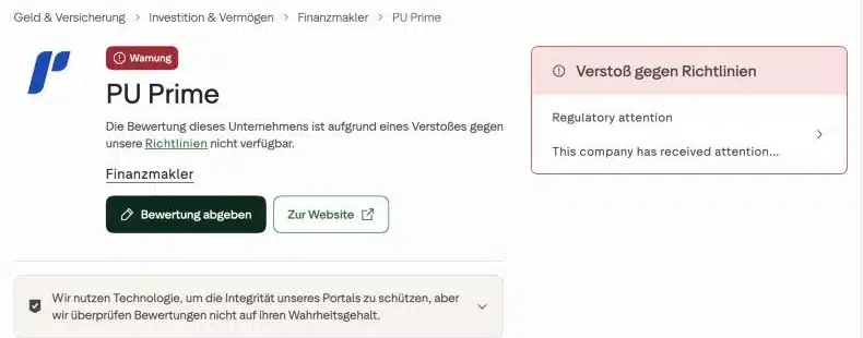 PU Prime auf Trustpilot: Bewertung wegen Verstoß gegen Richtlinien gesperrt