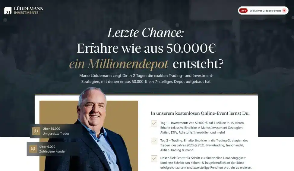Rendite Unlimited: Anmeldeseite zum kostenlosen Online-Event von Mario Lüddemann