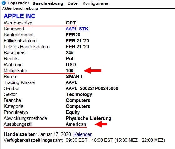 Screenshot eines  Finanzinstrument-Info am Beispiel CapTrader 