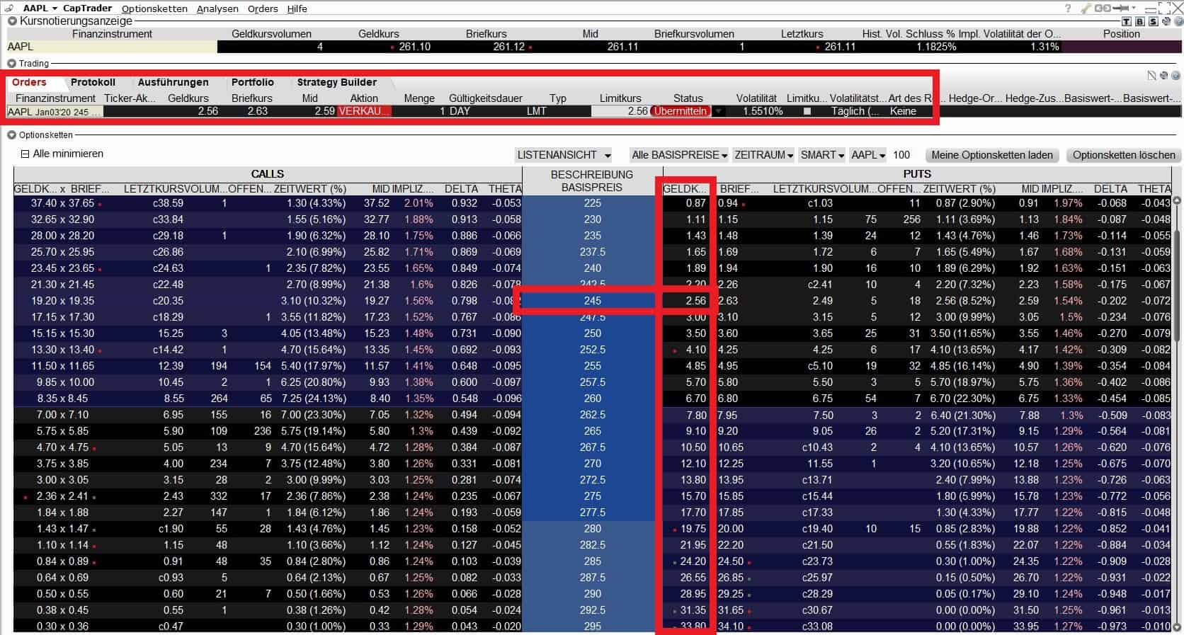 Screenshot zeigt Optionskette von AAPL mit dargestelltem Beispieltrade