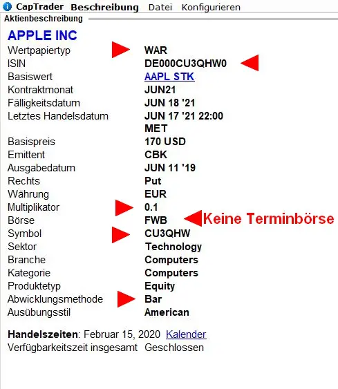 Optionen handeln - Finanzinstrumentbeschreibung eines Optionsscheins bei CapTrader TWS