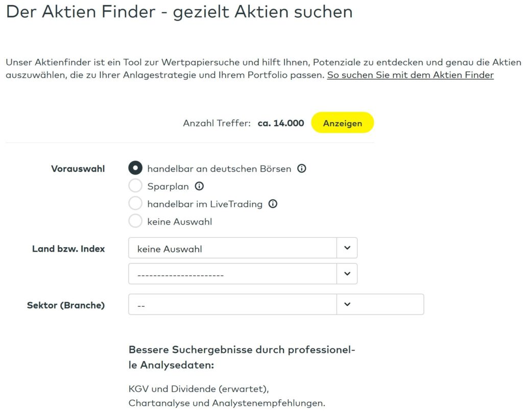 Aktien Finder von comdirect