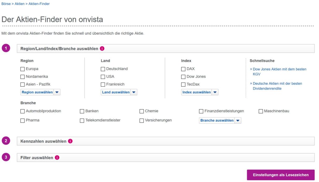 Screenshot des Aktien-Finders von onvista. Nutzer können Aktien nach Region, Land, Index und Branche filtern. Zusätzliche Filtermöglichkeiten für Kennzahlen und weitere Kriterien sind vorhanden. Schnellzugriffe auf Aktien mit bestem KGV oder hoher Dividendenrendite werden angeboten.