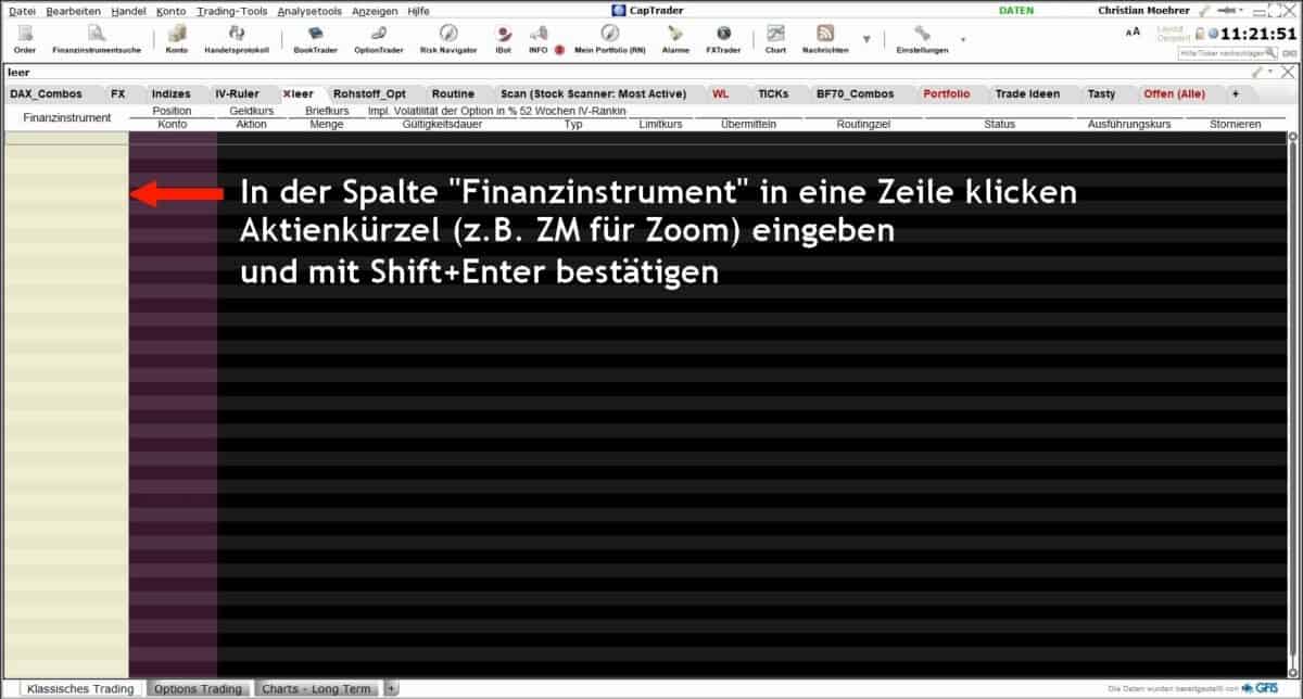 Einfügen von Basiswerten in der neuen Registerkarte - Vorgehensweise anhand eines Screenshots