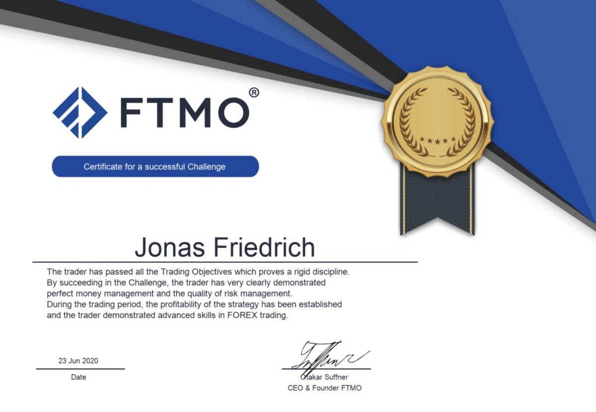 FTMO Zertifikat von Jonas Friedrich
