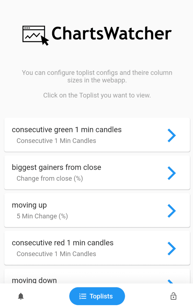 Ansicht der Android App von  ChartsWatcher