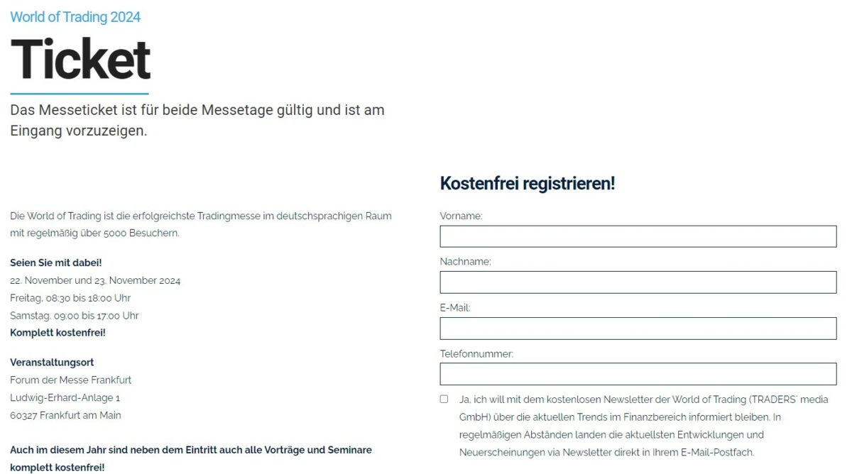 Das World of Trading 2024 Ticket ist kostenlos und auf der WoT Homepage erhältlich