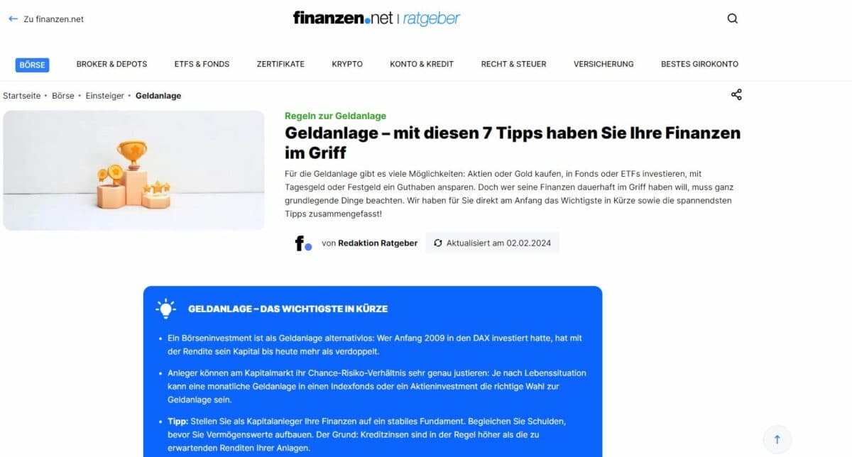 Der finanzen.net Ratgeber ist eine eigene Unterseite, die Einsteiger mit grundlegendem Wissen zum Thema Börse und Investieren versorgt