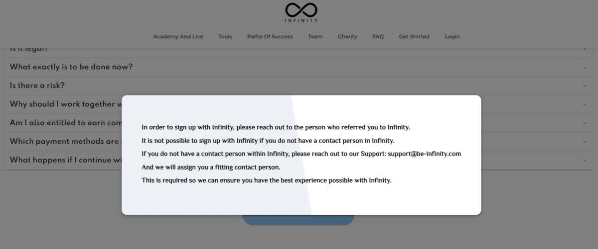 Die Registrierung bei Be Infinity funktioniert lediglich über einen Referral Link 