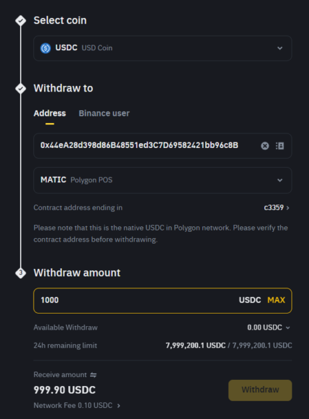 Eine Einzahlung von USDC von Binance auf Polymarkets ist so gut wie kostenlos und schnell erledigt