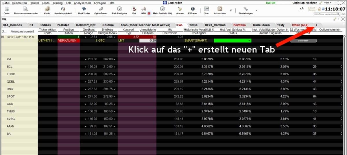 Vorgehensweise beim Erstellen einer neuen Registerkarte in der TWS - Trader Workstation - anhand eines Screenshots