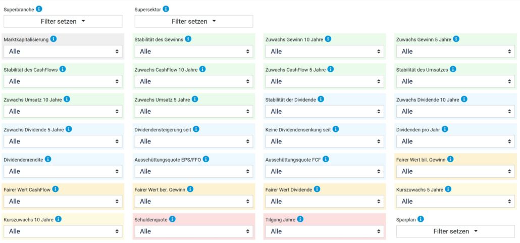 Filtermöglichkeiten beim Aktienscreener von Aktienfinder