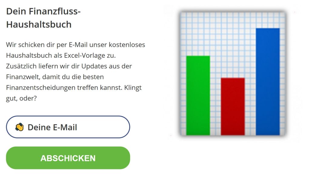 Finanzfluss Excel Tools als Screenshot. Anmeldeformular auf Finanzfluss für den kostenlosen Download einer Excel-Vorlage zum Haushaltsbuch inklusive Eingabefeld für die E-Mail-Adresse und farbigem Balkendiagramm