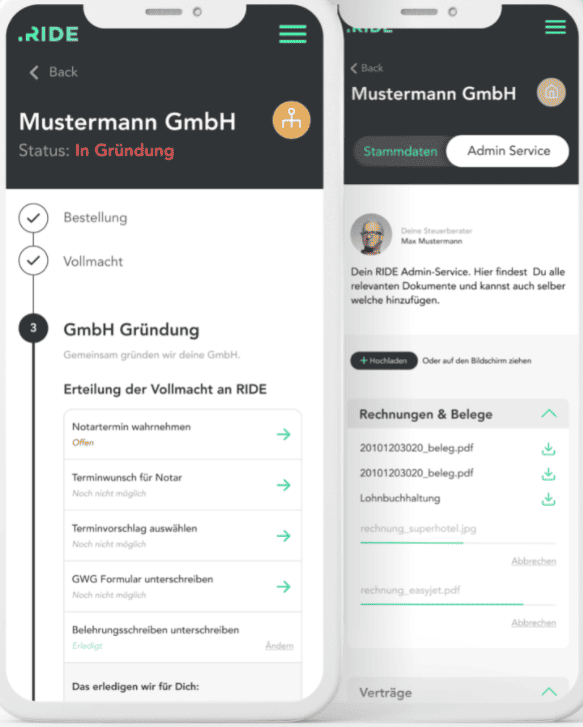 Das Bild zeigt einen Screenshot der RIDE GmbH-Gründungsservice App. Konkret sieht man eine Checkliste zur GmbH Gründung (links) und die Übersicht über die eigenen Rechnungen & Belege (rechts).