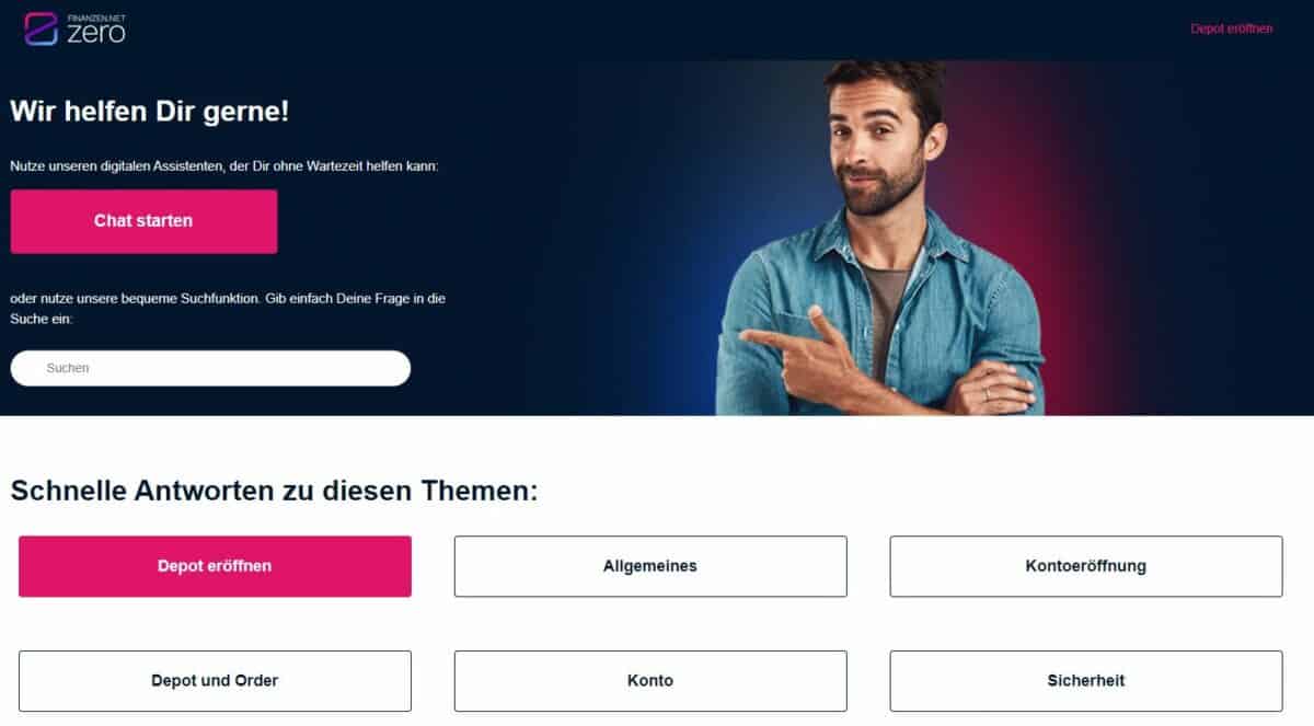 Im FAQ-Bereich von finanzen.net ZERO findest du inzwischen auch einen KI-Chat-Bot
