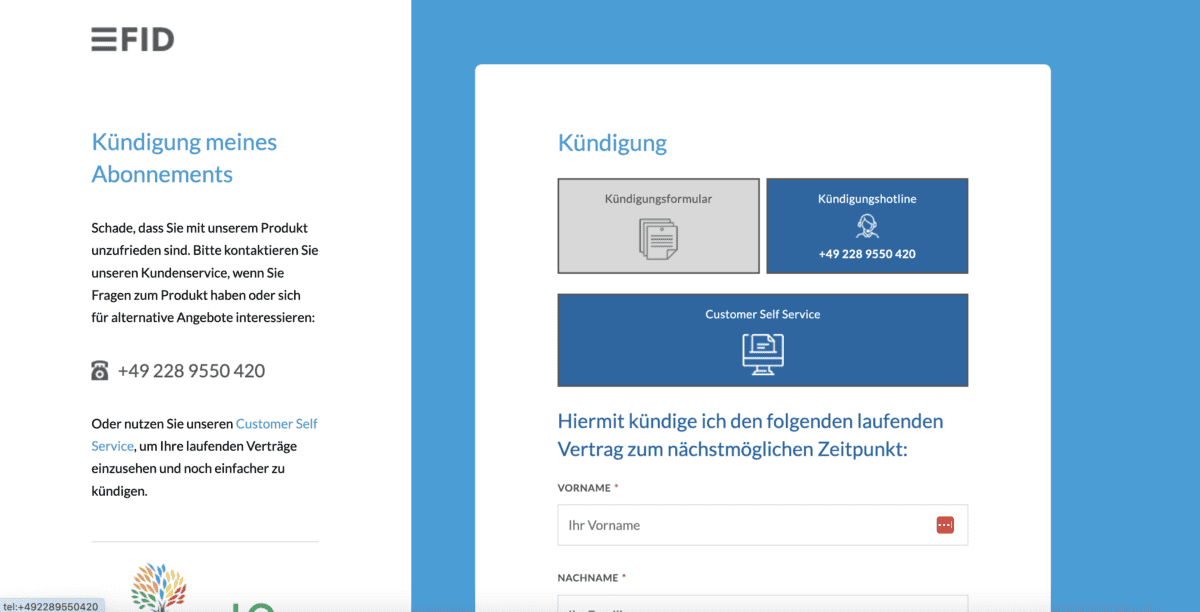 das Bild zeigt die Kündigungsseite des Investor Verlags oder FID Verlag